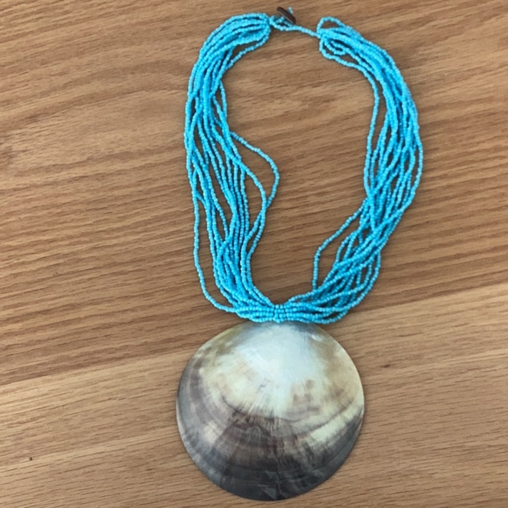Artisan Necklace  Blue beaded with Mother of Pearl Shell Pendant